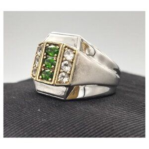 Sterling Silver, Green Garnet & White Zircon Men's Ring - Michael Valitutti
